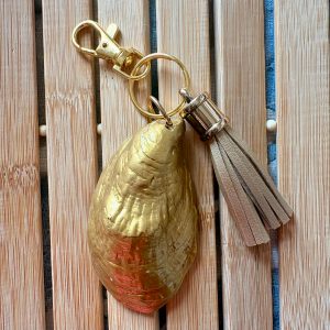 Oyster Shell Purse Charm, Keychain: Iridescent Finish, Leather Tassel