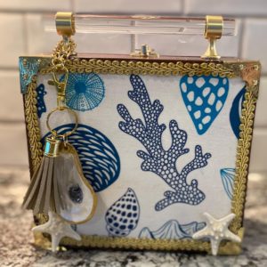 Oyster Shell Purse Charm, Keychain: Iridescent Finish, Leather Tassel