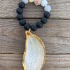 Oyster Shell Keychain With Beaded Wristlet: Coastal Nautical Gift