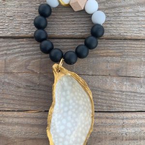 Oyster Shell Keychain With Beaded Wristlet: Coastal Nautical Gift