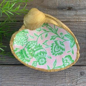 Floral Green and Pink Clam Shell Ring Dish Decoupaged Print