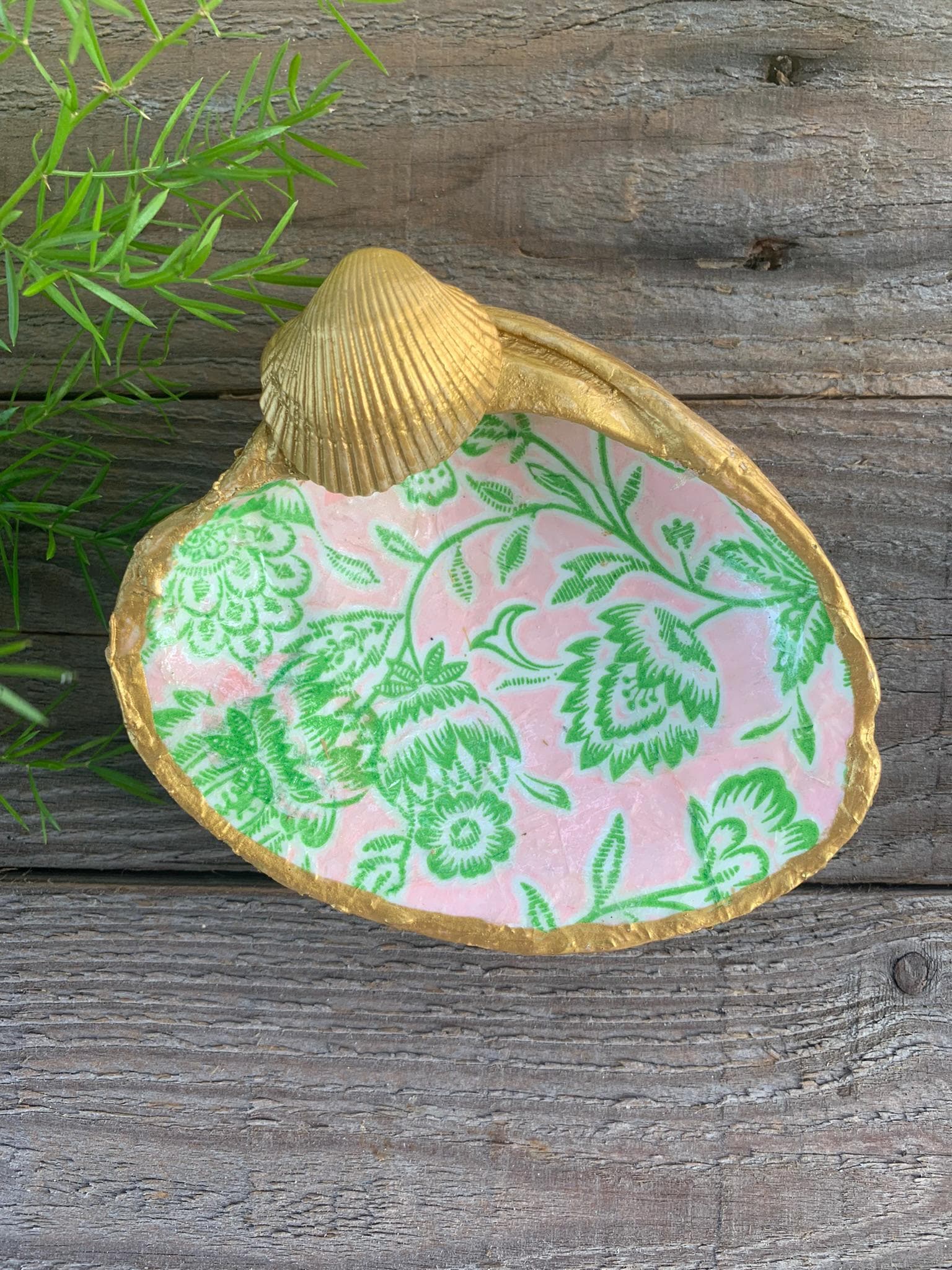 Floral Green and Pink Clam Shell Ring Dish Decoupaged Print