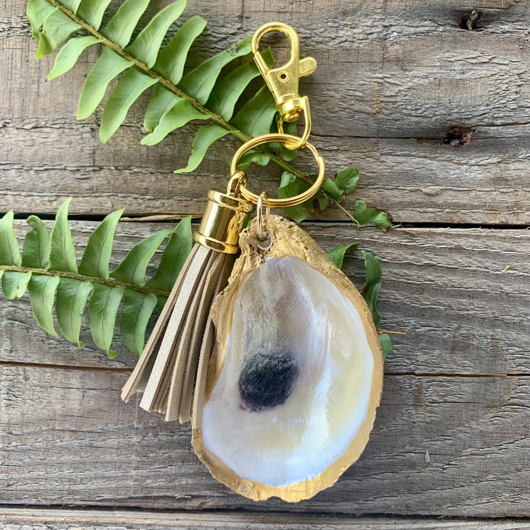 Oyster Shell Purse Charm, Keychain: Iridescent Finish, Leather Tassel