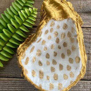 Decoupaged Oyster Shell Ring Dish: Animal Print Gold Spotted Coastal Decor