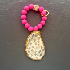 Oyster Shell Keychain: Gold Animal Print, Pink Wristlet