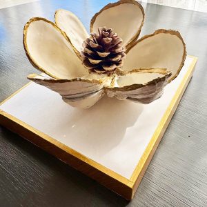 Oyster Shell Magnolia Wall Art: Coastal Decor with Gold Leaf