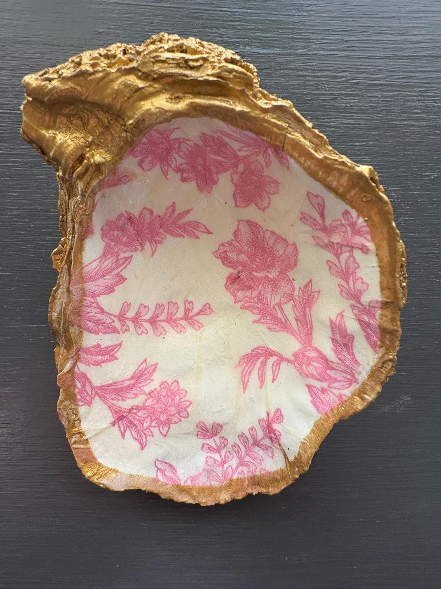 Decoupage Oyster Ring Dish: Pink Toile Coastal Jewelry Holder