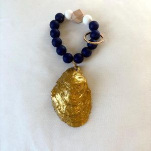 Blue Willow Oyster Shell Keychain: Coastal Beaded Wristlet