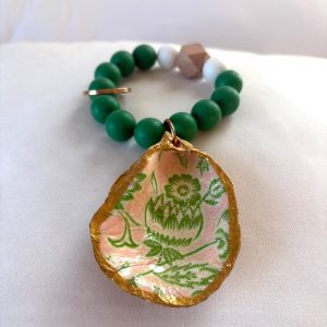 Decoupaged Oyster Shell Keychain: Green and Pink Floral Print, Coastal Wristlet