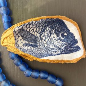 Decoupage Oyster Shell Ring Dish: Fish Print Coastal Decor