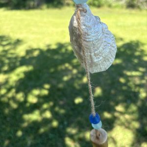 Decoupaged Oyster Shell Keychain: Green and Pink Floral Print, Coastal Wristlet