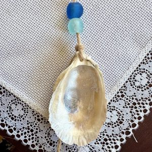 Decoupaged Oyster Shell Keychain: Green and Pink Floral Print, Coastal Wristlet