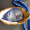 Decoupage Oyster Shell Ring Dish: Fish Print Coastal Decor