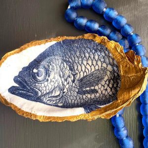 Decoupage Oyster Shell Ring Dish: Fish Print Coastal Decor