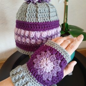 Crochet hat and fingerless glove set