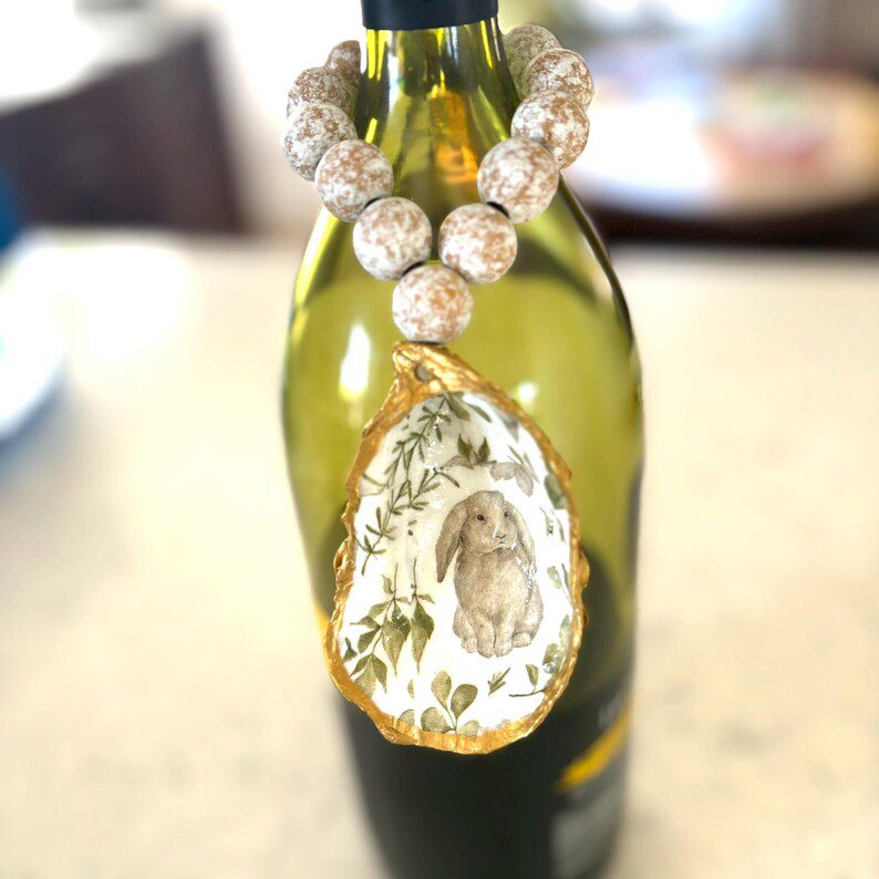 Oyster Shell Easter Napkin Holder, Napkin Ring, Gold Trim, Wooden Beads, Bunny Print, Bottle Charm, Ornament, Easter Hostess Gift - Image 4
