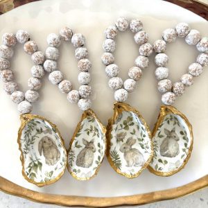 Oyster Shell Easter Napkin Holder, Napkin Ring, Gold Trim, Wooden Beads, Bunny Print, Bottle Charm, Ornament, Easter Hostess Gift