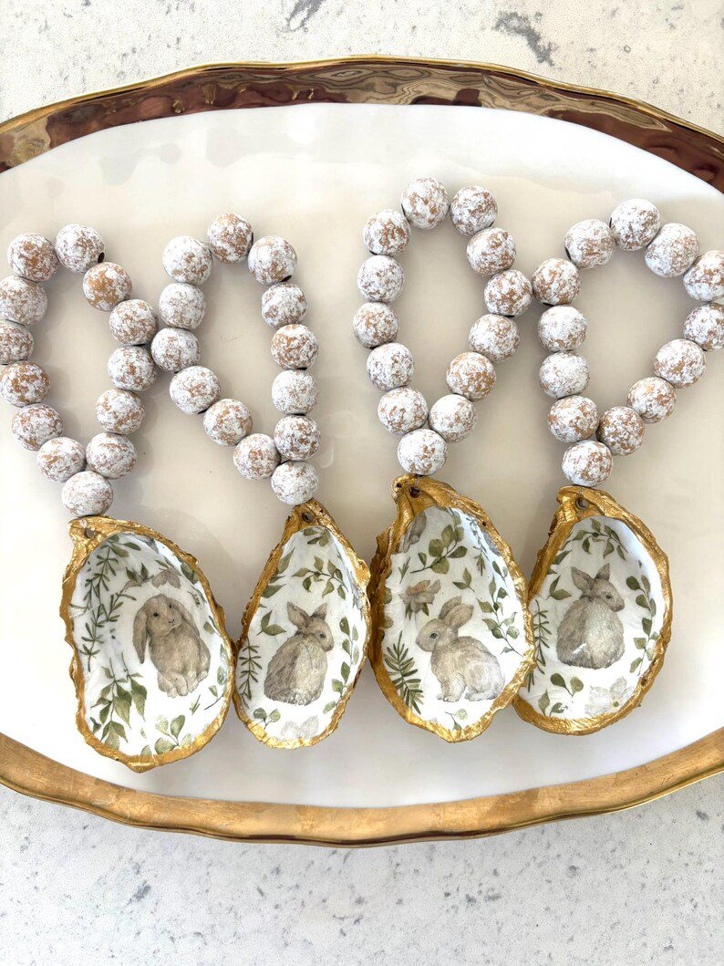 Oyster Shell Easter Napkin Holder, Napkin Ring, Gold Trim, Wooden Beads, Bunny Print, Bottle Charm, Ornament, Easter Hostess Gift - Image 7