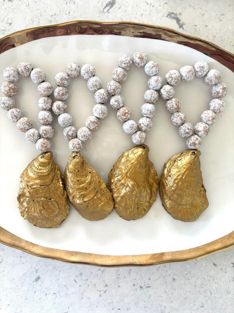 Oyster Shell Easter Napkin Holder, Napkin Ring, Gold Trim, Wooden Beads, Bunny Print, Bottle Charm, Ornament, Easter Hostess Gift - Image 6