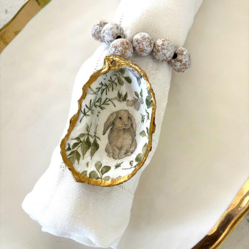 Oyster Shell Easter Napkin Holder, Napkin Ring, Gold Trim, Wooden Beads, Bunny Print, Bottle Charm, Ornament, Easter Hostess Gift - Image 2
