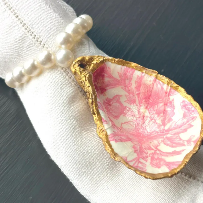 Handcrafted Oyster Shell Napkin Ring: Gold Trim, Pearl Beads, Pink Toile
