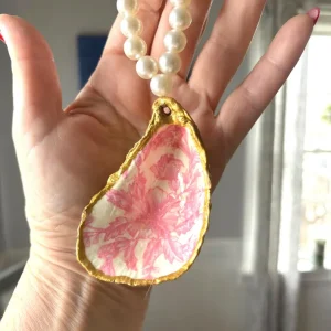 Handcrafted Oyster Shell Napkin Ring: Gold Trim, Pearl Beads, Pink Toile