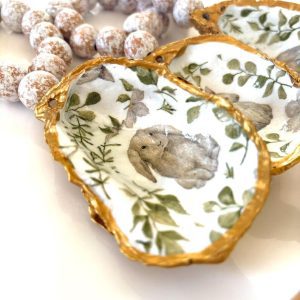Oyster Shell Easter Napkin Holder, Napkin Ring, Gold Trim, Wooden Beads, Bunny Print, Bottle Charm, Ornament, Easter Hostess Gift