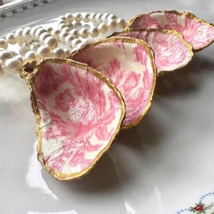Handcrafted Oyster Shell Napkin Ring: Gold Trim, Pearl Beads, Pink Toile