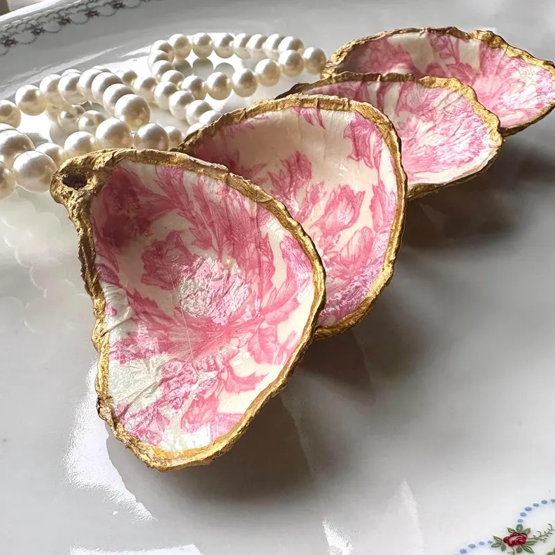 Handcrafted Oyster Shell Napkin Ring: Gold Trim, Pearl Beads, Pink Toile - Image 8