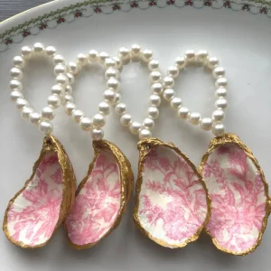 Handcrafted Oyster Shell Napkin Ring: Gold Trim, Pearl Beads, Pink Toile