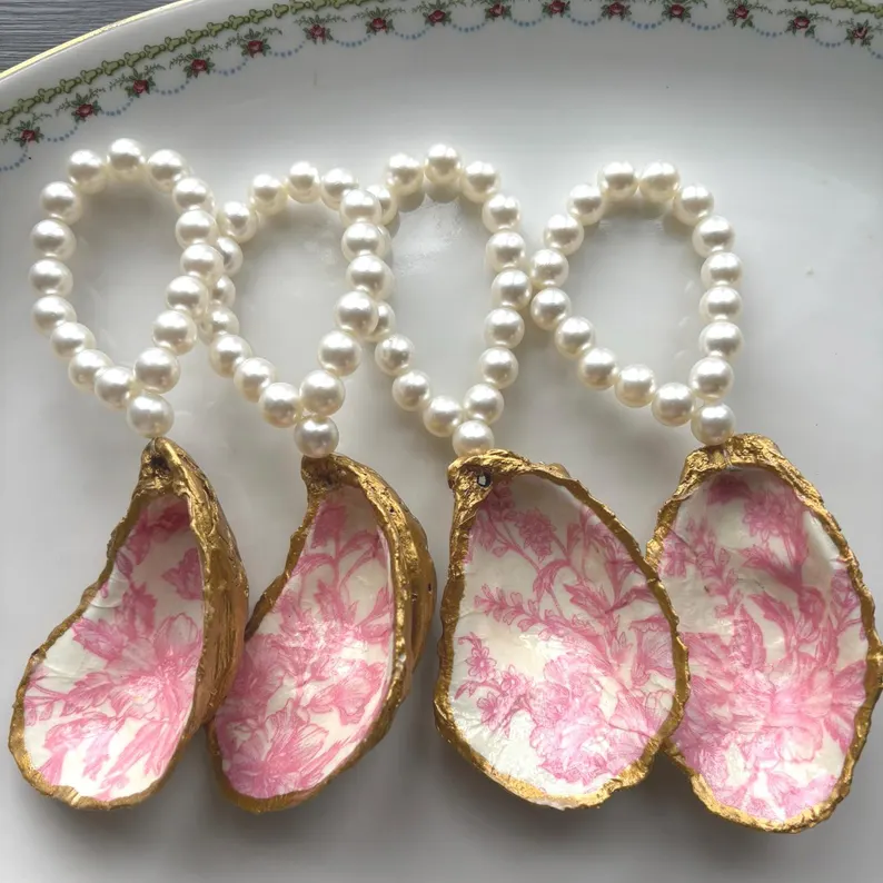 Handcrafted Oyster Shell Napkin Ring: Gold Trim, Pearl Beads, Pink Toile - Image 7