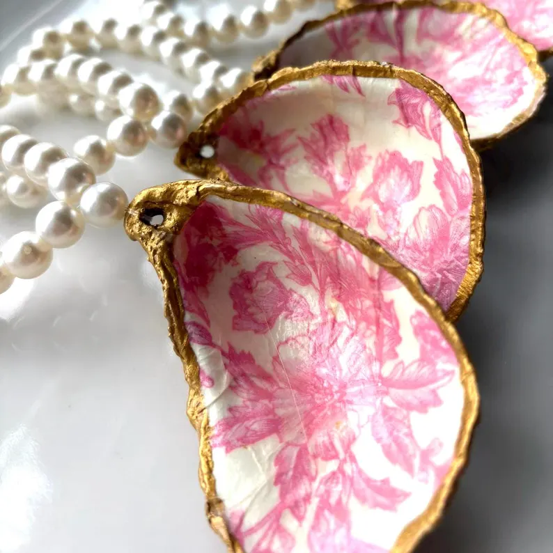 Handcrafted Oyster Shell Napkin Ring: Gold Trim, Pearl Beads, Pink Toile - Image 6