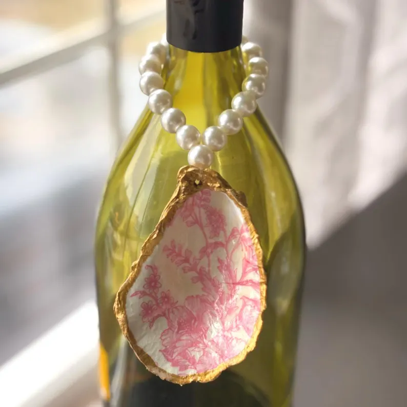 Handcrafted Oyster Shell Napkin Ring: Gold Trim, Pearl Beads, Pink Toile - Image 5