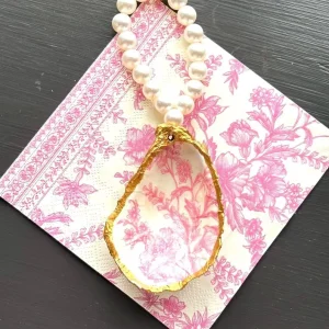 Handcrafted Oyster Shell Napkin Ring: Gold Trim, Pearl Beads, Pink Toile