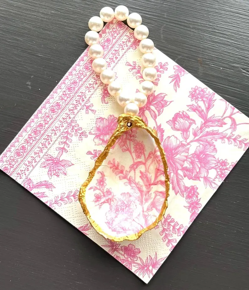 Handcrafted Oyster Shell Napkin Ring: Gold Trim, Pearl Beads, Pink Toile - Image 3