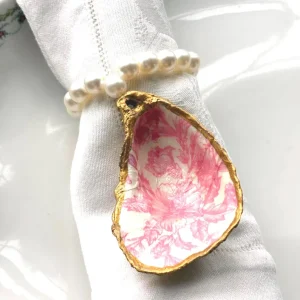 Handcrafted Oyster Shell Napkin Ring: Gold Trim, Pearl Beads, Pink Toile