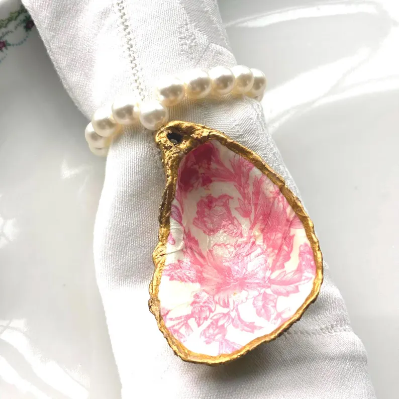 Handcrafted Oyster Shell Napkin Ring: Gold Trim, Pearl Beads, Pink Toile - Image 2