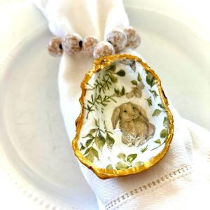 Oyster Shell Easter Napkin Holder, Napkin Ring, Gold Trim, Wooden Beads, Bunny Print, Bottle Charm, Ornament, Easter Hostess Gift