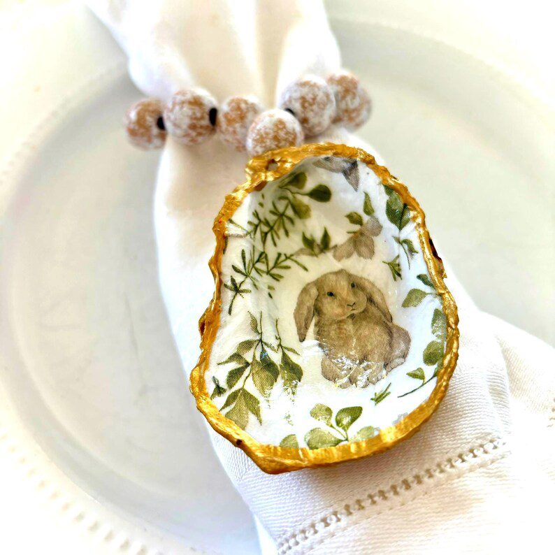 Oyster Shell Easter Napkin Holder, Napkin Ring, Gold Trim, Wooden Beads, Bunny Print, Bottle Charm, Ornament, Easter Hostess Gift