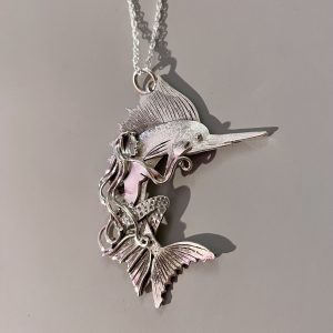 Born to be Wild! Sterling silver mermaid riding on a swordfish necklace