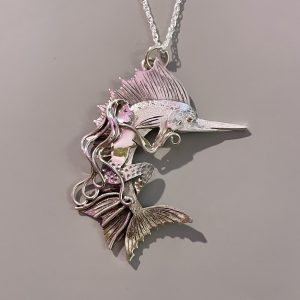 Born to be Wild! Sterling silver mermaid riding on a swordfish necklace