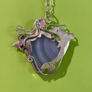 Mermaid and Dolphin sterling silver necklace with Blue Lace Agate