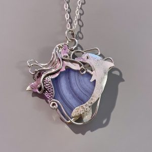 Mermaid and Dolphin sterling silver necklace with Blue Lace Agate